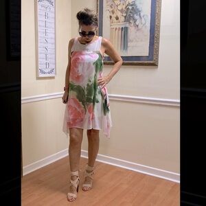 Robbie Bee Signature Floral Art cape Dress women sz 6 sheer